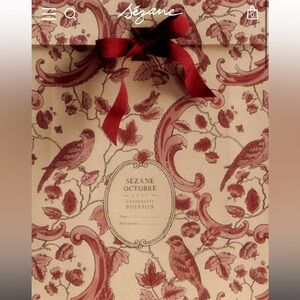 Sezane Gift Bag Bird Pattern Red Ribbon Cream Large NEW Holidays Christmas Xmas
